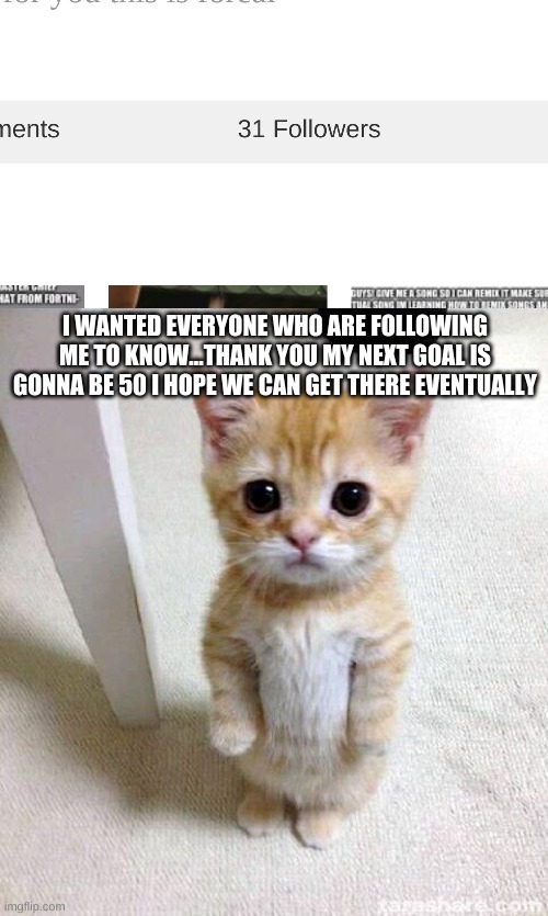 YAY we got 30 followers! thank you all! | I WANTED EVERYONE WHO ARE FOLLOWING ME TO KNOW...THANK YOU MY NEXT GOAL IS GONNA BE 50 I HOPE WE CAN GET THERE EVENTUALLY | image tagged in memes,cute cat | made w/ Imgflip meme maker