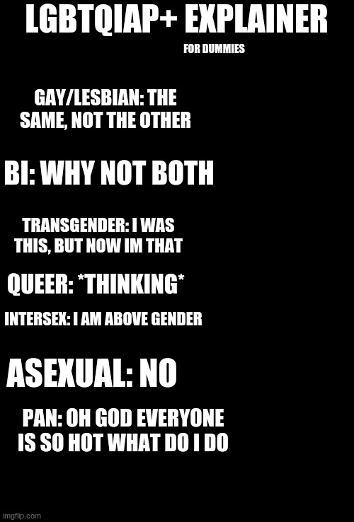 lgbtqia+ explainer: for dummies (if wrong, i can edit it) | LGBTQIAP+ EXPLAINER; FOR DUMMIES; GAY/LESBIAN: THE SAME, NOT THE OTHER; BI: WHY NOT BOTH; TRANSGENDER: I WAS THIS, BUT NOW IM THAT; QUEER: *THINKING*; INTERSEX: I AM ABOVE GENDER; ASEXUAL: NO; PAN: OH GOD EVERYONE IS SO HOT WHAT DO I DO | image tagged in blank black | made w/ Imgflip meme maker