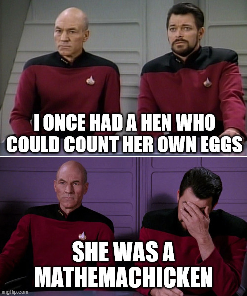 Picard Riker listening to a pun | I ONCE HAD A HEN WHO COULD COUNT HER OWN EGGS; SHE WAS A MATHEMACHICKEN | image tagged in picard riker listening to a pun | made w/ Imgflip meme maker