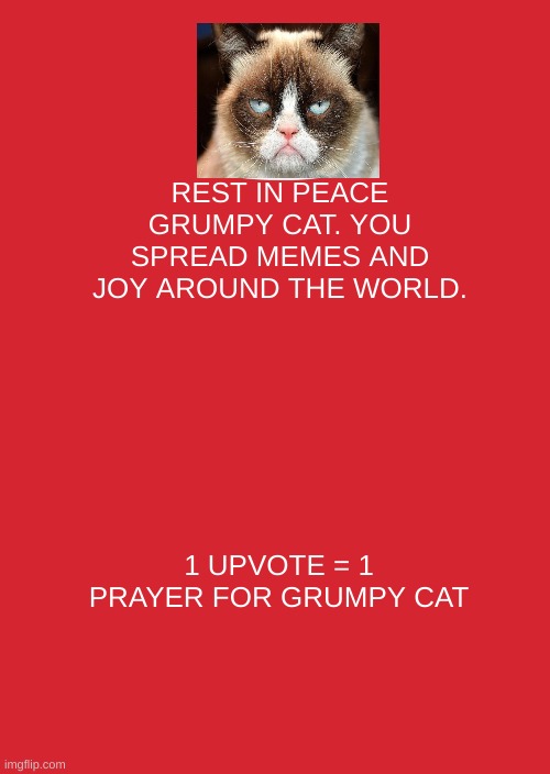 Rest in peace grumpy cat. |  REST IN PEACE GRUMPY CAT. YOU SPREAD MEMES AND JOY AROUND THE WORLD. 1 UPVOTE = 1 PRAYER FOR GRUMPY CAT | image tagged in memes,keep calm and carry on red | made w/ Imgflip meme maker
