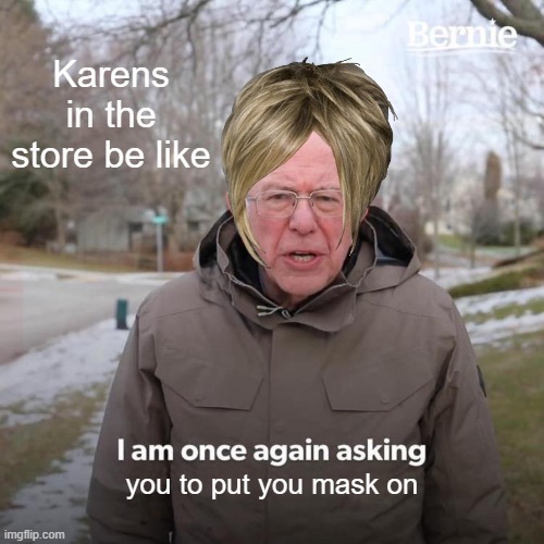 When you go to the store with no mask | Karens in the store be like; you to put you mask on | image tagged in memes,bernie i am once again asking for your support | made w/ Imgflip meme maker