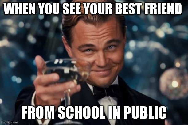Leonardo Dicaprio Cheers Meme | WHEN YOU SEE YOUR BEST FRIEND; FROM SCHOOL IN PUBLIC | image tagged in memes,leonardo dicaprio cheers | made w/ Imgflip meme maker