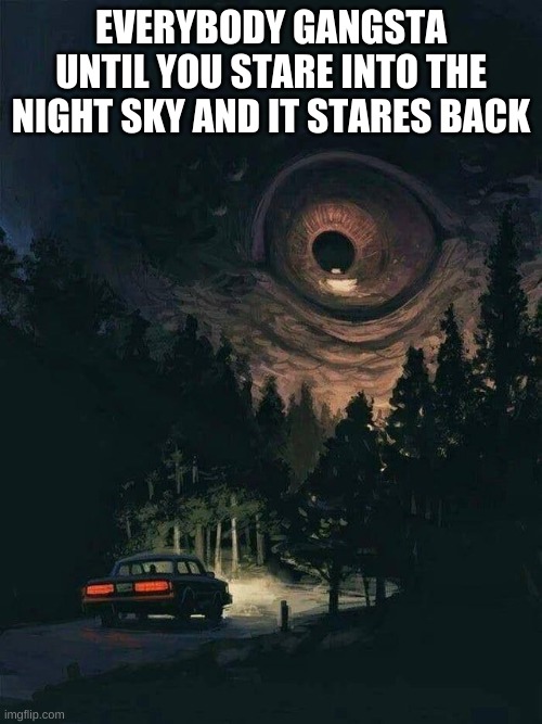 oh god | EVERYBODY GANGSTA UNTIL YOU STARE INTO THE NIGHT SKY AND IT STARES BACK | image tagged in memes,funny,cursed image,wtf,oh no | made w/ Imgflip meme maker