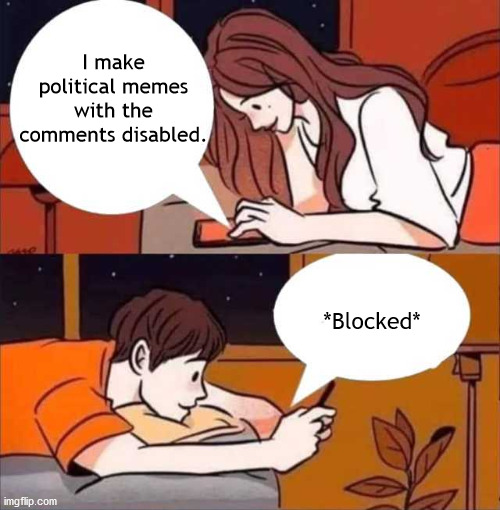 This is so annoying. We need to stop this, no matter the person's political opinion. | I make political memes with the comments disabled. *Blocked* | image tagged in girl texting boy | made w/ Imgflip meme maker