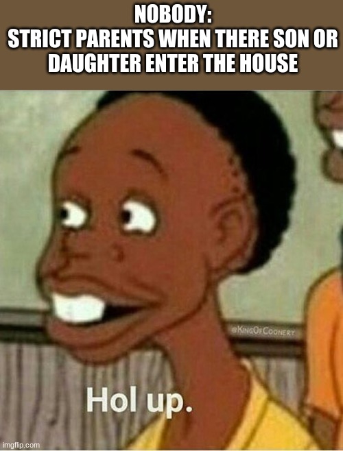 lol | NOBODY:
STRICT PARENTS WHEN THERE SON OR DAUGHTER ENTER THE HOUSE | image tagged in hol up,funny,meme,go | made w/ Imgflip meme maker