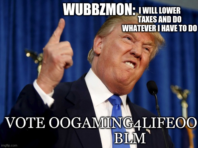 XD | I WILL LOWER TAXES AND DO WHATEVER I HAVE TO DO; WUBBZMON:; VOTE OOGAMING4LIFEOO                 BLM | made w/ Imgflip meme maker