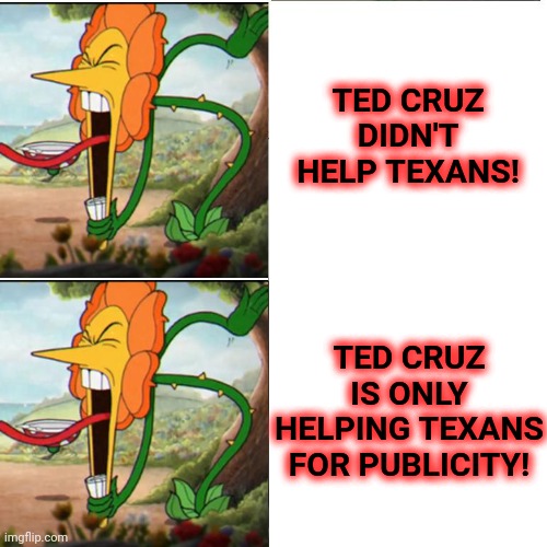 nailed it | TED CRUZ DIDN'T HELP TEXANS! TED CRUZ IS ONLY HELPING TEXANS FOR PUBLICITY! | image tagged in cuphead flower,ted cruz | made w/ Imgflip meme maker