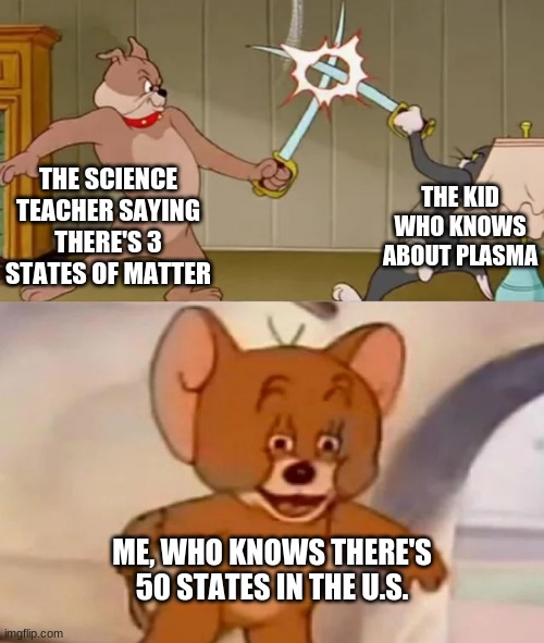 I am smort | THE SCIENCE TEACHER SAYING THERE'S 3 STATES OF MATTER; THE KID WHO KNOWS ABOUT PLASMA; ME, WHO KNOWS THERE'S 50 STATES IN THE U.S. | image tagged in tom and spike fighting,memes,funny,usa,matter | made w/ Imgflip meme maker