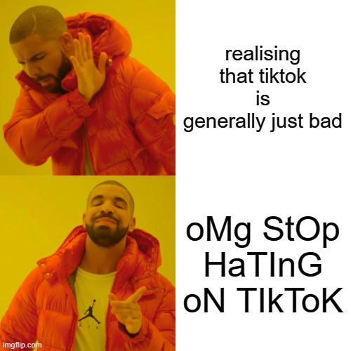 realising that tiktok is generally just bad oMg StOp HaTInG oN TIkToK | image tagged in memes,drake hotline bling | made w/ Imgflip meme maker