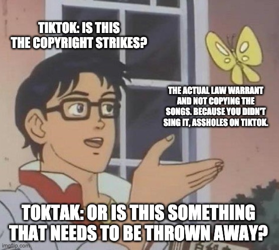 TIKTOK: IS THIS THE COPYRIGHT STRIKES? THE ACTUAL LAW WARRANT AND NOT COPYING THE SONGS. BECAUSE YOU DIDN'T SING IT, ASSHOLES ON TIKTOK. TOK | image tagged in memes,is this a pigeon | made w/ Imgflip meme maker