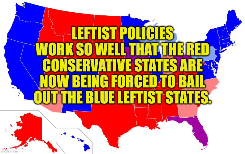 Economically illiterates should never be allowed to be in charge of a city, let alone the state, nation or world. | LEFTIST POLICIES WORK SO WELL THAT THE RED CONSERVATIVE STATES ARE NOW BEING FORCED TO BAIL OUT THE BLUE LEFTIST STATES. | image tagged in economic illiterates,democrat policies,failure | made w/ Imgflip meme maker