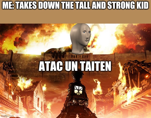 Ya know if imgflip let you add one meme into multiple stream i would use that MOLtipol times so ~Shrug | ME: TAKES DOWN THE TALL AND STRONG KID; ATAC UN TAITEN | image tagged in attack on titan,anime,atac un taiten | made w/ Imgflip meme maker