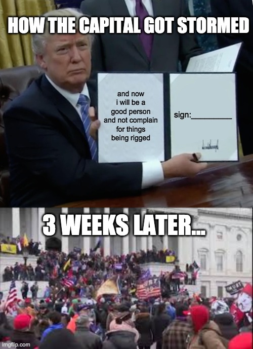 Big Man trump | HOW THE CAPITAL GOT STORMED; sign:_________; and now i will be a good person and not complain for things being rigged; 3 WEEKS LATER... | image tagged in memes,trump bill signing | made w/ Imgflip meme maker