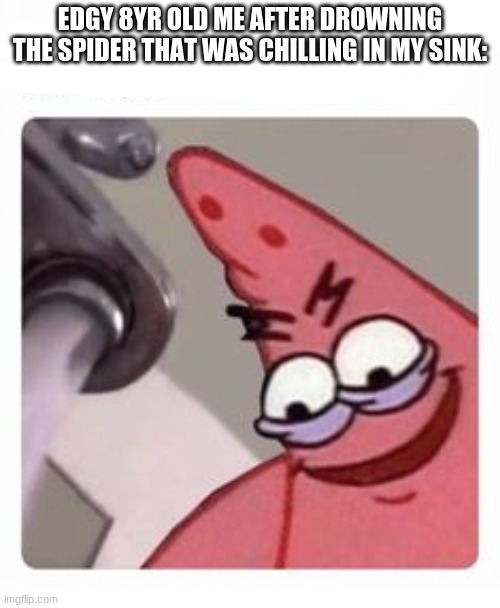 I am the greatest villain of all time | EDGY 8YR OLD ME AFTER DROWNING THE SPIDER THAT WAS CHILLING IN MY SINK: | image tagged in that's the evilest thing i can imagine,memes,evil patrick | made w/ Imgflip meme maker