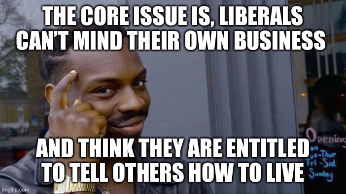 Roll Safe Think About It Meme | THE CORE ISSUE IS, LIBERALS CAN’T MIND THEIR OWN BUSINESS AND THINK THEY ARE ENTITLED TO TELL OTHERS HOW TO LIVE | image tagged in memes,roll safe think about it | made w/ Imgflip meme maker