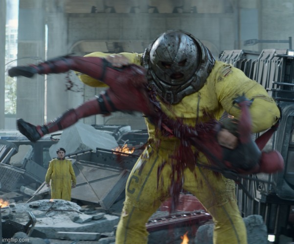 The Juggernaut ripping Deadpool in half | image tagged in the juggernaut ripping deadpool in half | made w/ Imgflip meme maker