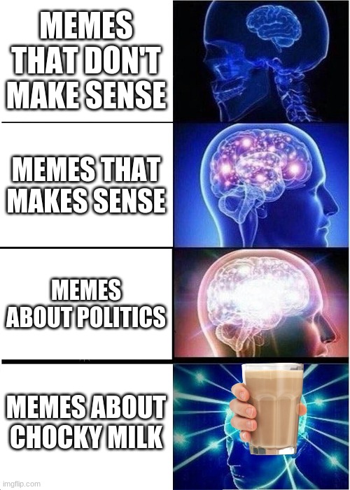 Expanding Brain Meme | MEMES THAT DON'T MAKE SENSE; MEMES THAT MAKES SENSE; MEMES ABOUT POLITICS; MEMES ABOUT CHOCKY MILK | image tagged in memes,expanding brain | made w/ Imgflip meme maker