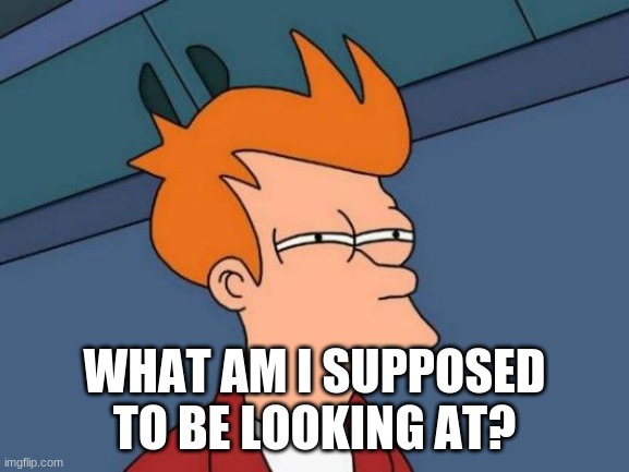 Futurama Fry Meme | WHAT AM I SUPPOSED TO BE LOOKING AT? | image tagged in memes,futurama fry | made w/ Imgflip meme maker