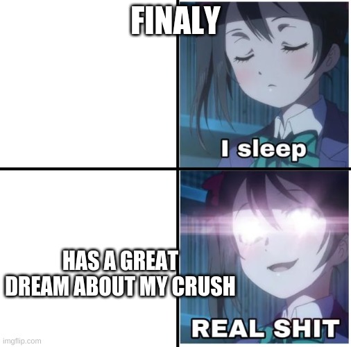 i mean? | FINALY; HAS A GREAT DREAM ABOUT MY CRUSH | image tagged in i sleep anime | made w/ Imgflip meme maker