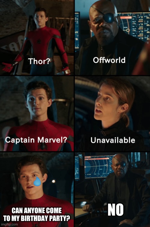 Thor off-world captain marvel unavailable | NO; CAN ANYONE COME TO MY BIRTHDAY PARTY? | image tagged in thor off-world captain marvel unavailable | made w/ Imgflip meme maker