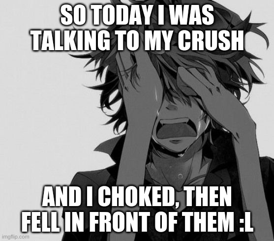 today's bad experience | SO TODAY I WAS TALKING TO MY CRUSH; AND I CHOKED, THEN FELL IN FRONT OF THEM :L | image tagged in crying anime boy | made w/ Imgflip meme maker