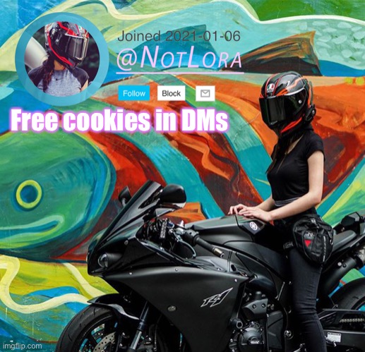 Check comments for a ticket lmao | Free cookies in DMs | image tagged in notlora temp | made w/ Imgflip meme maker