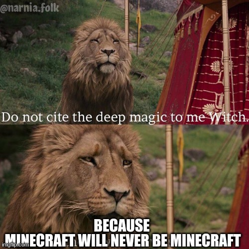 Do not cite the deep magic to me witch | BECAUSE MINECRAFT WILL NEVER BE MINECRAFT | image tagged in do not cite the deep magic to me witch | made w/ Imgflip meme maker