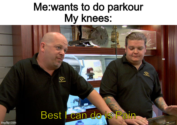 PARKOUR! | Me:wants to do parkour
My knees:; Best I can do is Pain | image tagged in pawn stars best i can do | made w/ Imgflip meme maker