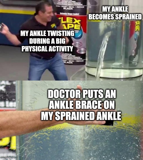 Sprained ankle | MY ANKLE BECOMES SPRAINED; MY ANKLE TWISTING DURING A BIG PHYSICAL ACTIVITY; DOCTOR PUTS AN ANKLE BRACE ON MY SPRAINED ANKLE | image tagged in flex tape,memes,funny,meme,doctor,pain | made w/ Imgflip meme maker