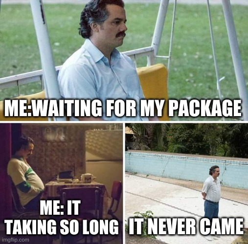 Sad Pablo Escobar | ME:WAITING FOR MY PACKAGE; ME: IT  TAKING SO LONG; IT NEVER CAME | image tagged in memes,sad pablo escobar | made w/ Imgflip meme maker