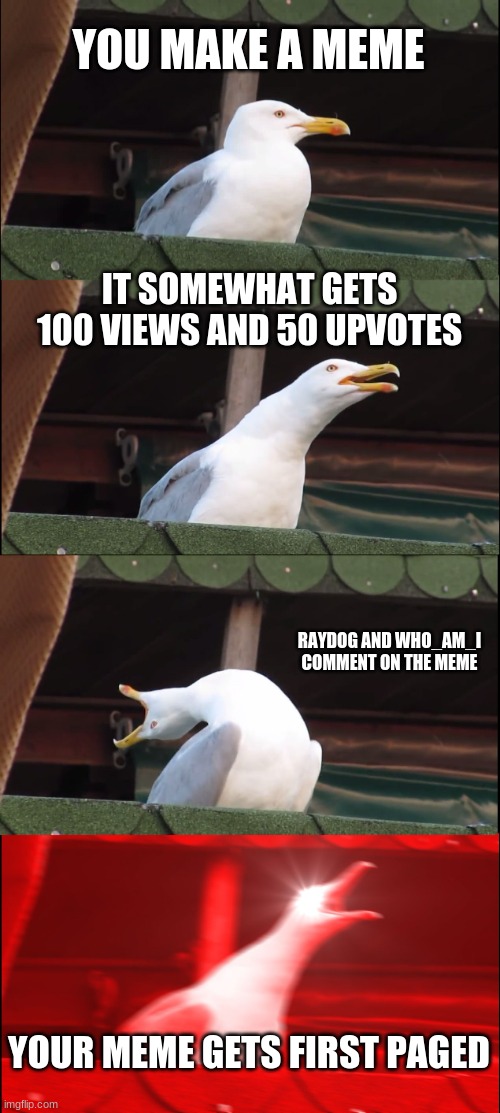 Inhaling Seagull Meme | YOU MAKE A MEME; IT SOMEWHAT GETS 100 VIEWS AND 50 UPVOTES; RAYDOG AND WHO_AM_I COMMENT ON THE MEME; YOUR MEME GETS FIRST PAGED | image tagged in memes,inhaling seagull | made w/ Imgflip meme maker