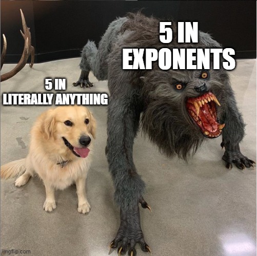 5 | 5 IN EXPONENTS; 5 IN LITERALLY ANYTHING | image tagged in dog vs werewolf,math | made w/ Imgflip meme maker