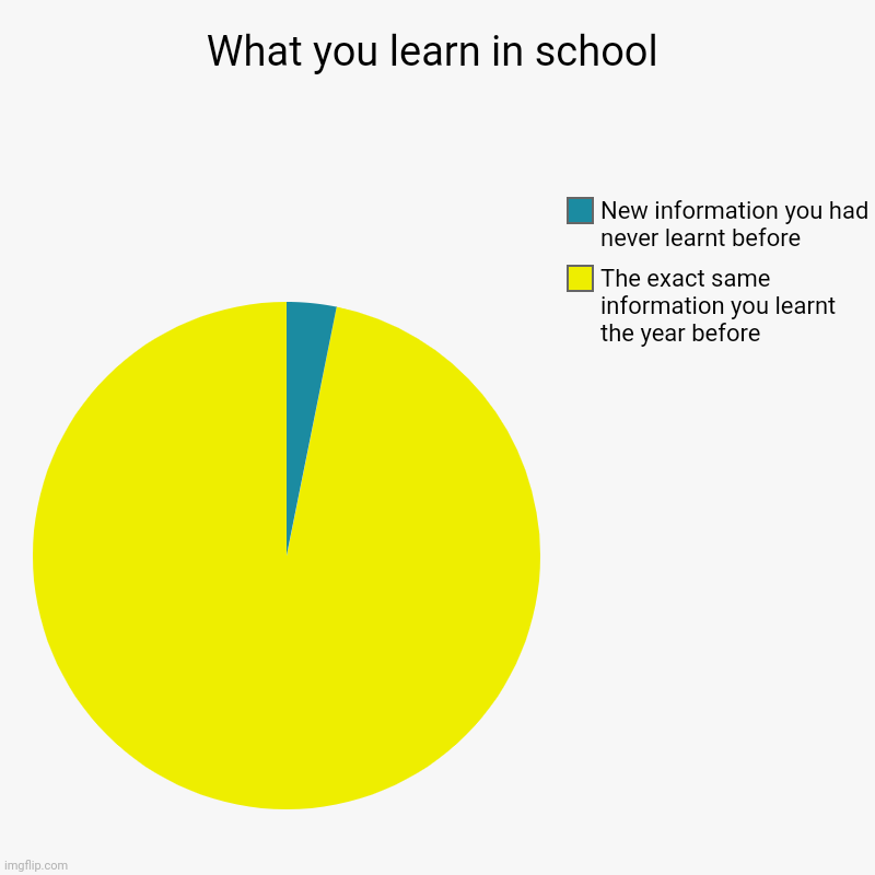 What you learn in school | What you learn in school | The exact same information you learnt the year before, New information you had never learnt before | image tagged in charts,pie charts | made w/ Imgflip chart maker