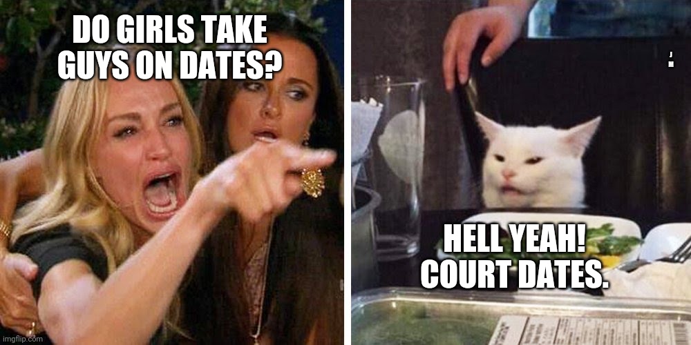 Smudge the cat | J M; DO GIRLS TAKE GUYS ON DATES? HELL YEAH! COURT DATES. | image tagged in smudge the cat | made w/ Imgflip meme maker