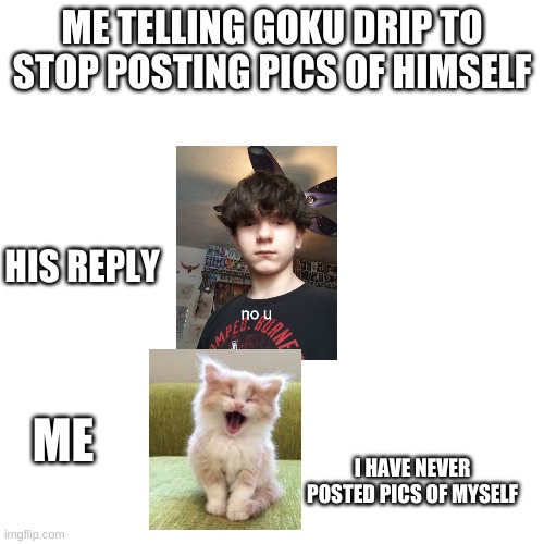 E | ME TELLING GOKU DRIP TO STOP POSTING PICS OF HIMSELF; HIS REPLY; ME; I HAVE NEVER POSTED PICS OF MYSELF | image tagged in memes,blank transparent square | made w/ Imgflip meme maker