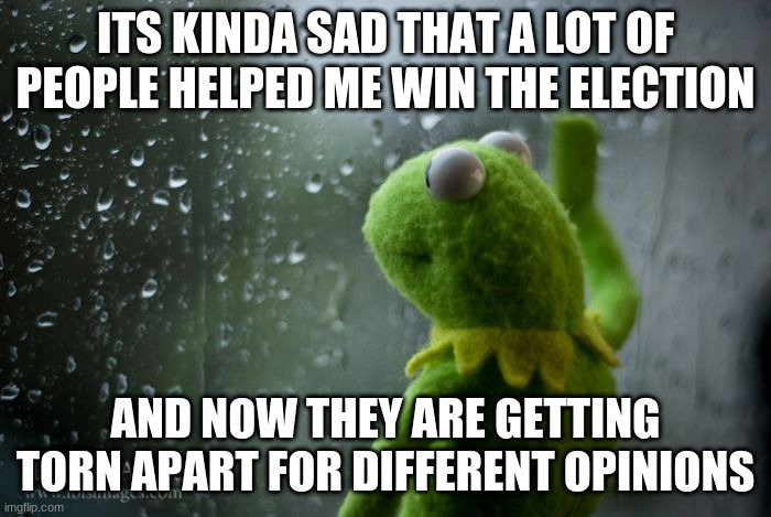 kermit window | ITS KINDA SAD THAT A LOT OF PEOPLE HELPED ME WIN THE ELECTION; AND NOW THEY ARE GETTING TORN APART FOR DIFFERENT OPINIONS | image tagged in kermit window | made w/ Imgflip meme maker