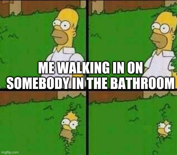 relatable?anybody | ME WALKING IN ON SOMEBODY IN THE BATHROOM | image tagged in homer simpson in bush - large | made w/ Imgflip meme maker