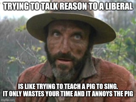 Wasted Time | TRYING TO TALK REASON TO A LIBERAL; IS LIKE TRYING TO TEACH A PIG TO SING. IT ONLY WASTES YOUR TIME AND IT ANNOYS THE PIG | image tagged in hillbilly hunter | made w/ Imgflip meme maker