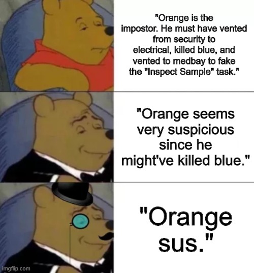 Fancy pooh | "Orange is the impostor. He must have vented from security to electrical, killed blue, and vented to medbay to fake the "Inspect Sample" task."; "Orange seems very suspicious since he might've killed blue."; "Orange sus." | image tagged in fancy pooh | made w/ Imgflip meme maker