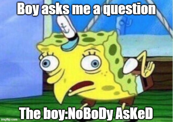 ... | Boy asks me a question; The boy:NoBoDy AsKeD | image tagged in memes,mocking spongebob,meme | made w/ Imgflip meme maker