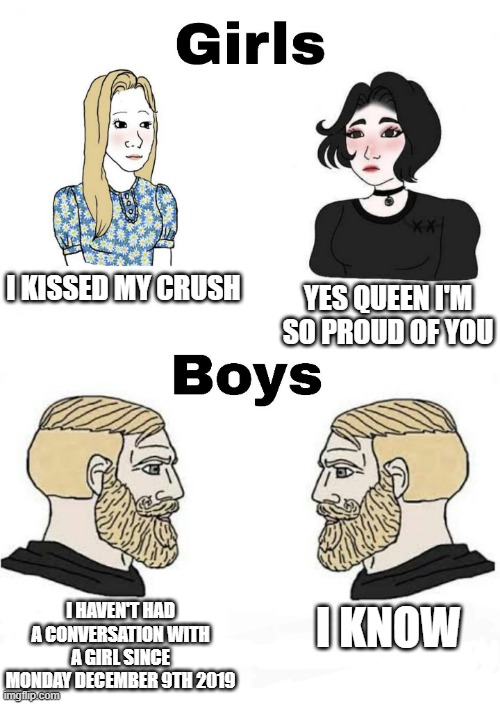 That was actually the last time I had a conversation with a girl that's non related | I KISSED MY CRUSH; YES QUEEN I'M SO PROUD OF YOU; I HAVEN'T HAD A CONVERSATION WITH A GIRL SINCE MONDAY DECEMBER 9TH 2019; I KNOW | image tagged in girls vs boys,boys vs girls | made w/ Imgflip meme maker