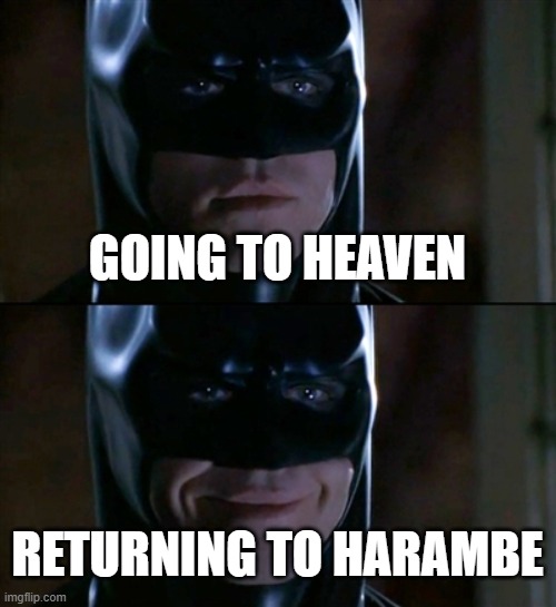 F | GOING TO HEAVEN; RETURNING TO HARAMBE | image tagged in memes,batman smiles | made w/ Imgflip meme maker