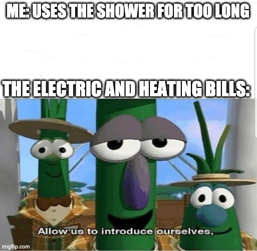 The shower is my thinking place | ME: USES THE SHOWER FOR TOO LONG; THE ELECTRIC AND HEATING BILLS: | image tagged in allow us to introduce ourselves | made w/ Imgflip meme maker