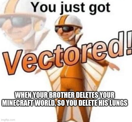 You just got vectored | WHEN YOUR BROTHER DELETES YOUR MINECRAFT WORLD, SO YOU DELETE HIS LUNGS | image tagged in you just got vectored | made w/ Imgflip meme maker