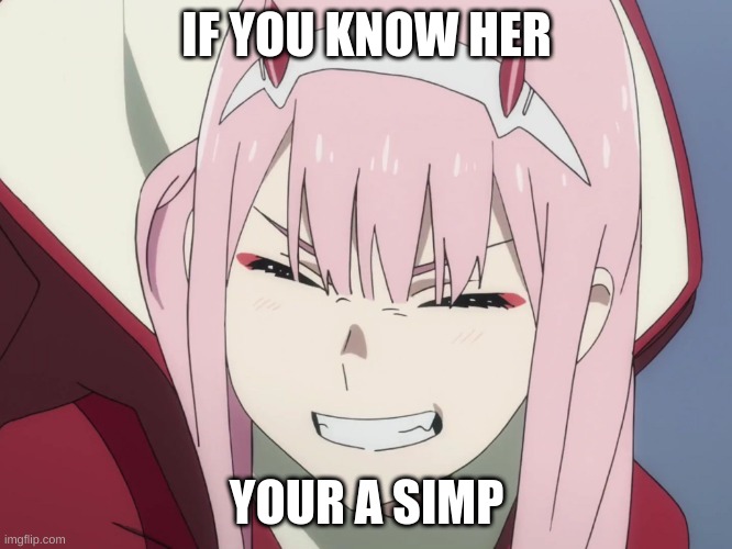 Smiling Zero-Two | IF YOU KNOW HER; YOUR A SIMP | image tagged in smiling zero-two | made w/ Imgflip meme maker