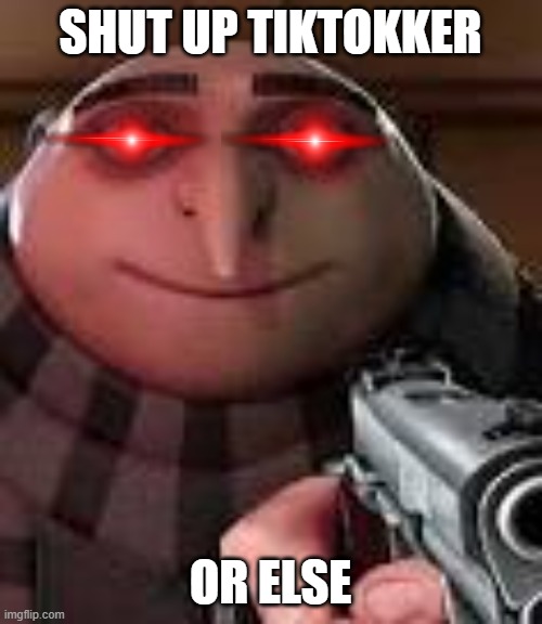 This is what happens when you say that my anti-tiktok meme is bad. | SHUT UP TIKTOKKER; OR ELSE | image tagged in gru with gun | made w/ Imgflip meme maker