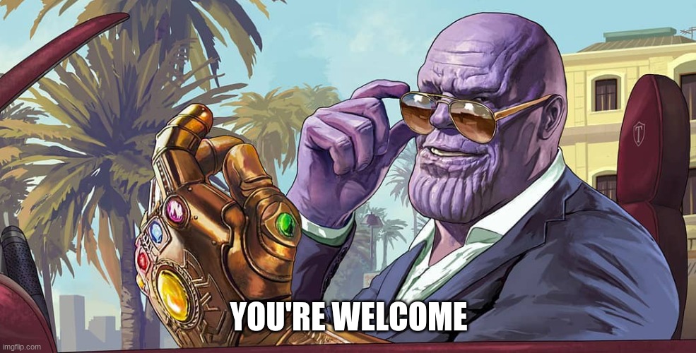 MadTitan your welcome | YOU'RE WELCOME | image tagged in madtitan your welcome | made w/ Imgflip meme maker