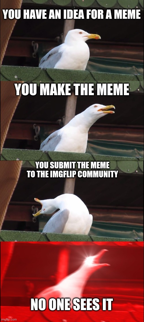 All the time | YOU HAVE AN IDEA FOR A MEME; YOU MAKE THE MEME; YOU SUBMIT THE MEME TO THE IMGFLIP COMMUNITY; NO ONE SEES IT | image tagged in memes,inhaling seagull | made w/ Imgflip meme maker