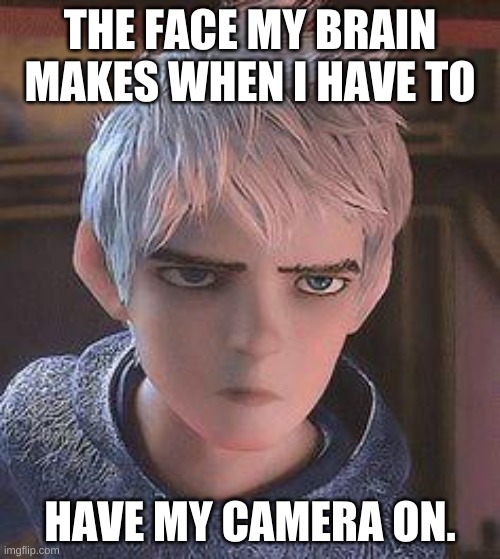 Cons if Distance Learning | THE FACE MY BRAIN MAKES WHEN I HAVE TO; HAVE MY CAMERA ON. | image tagged in miffed jack frost | made w/ Imgflip meme maker