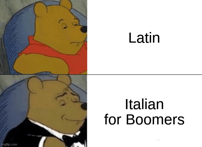 Okayicus Boomericus | Latin; Italian for Boomers | image tagged in memes,tuxedo winnie the pooh | made w/ Imgflip meme maker